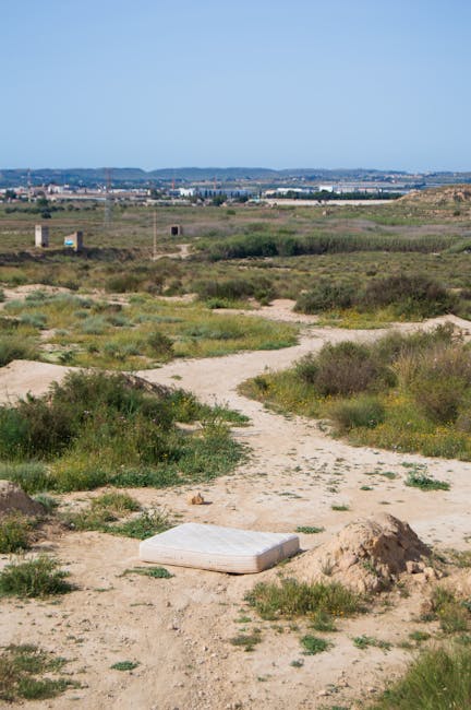 A discarded, white rectangular mattress lying on the sandy ground of a vast, open landscape with patches of green grass and low shrubs. The mattress appears weathered and partly buried in a small moun